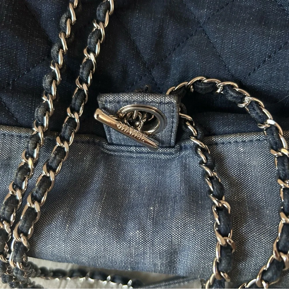 RARE！Chanel 2014 denim 2 tone medallion charm back pack bag/tote bag